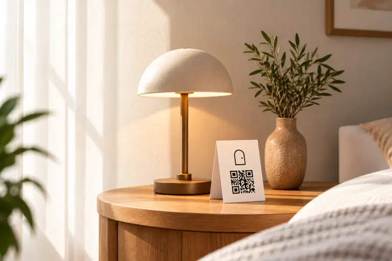 Cozy serviced apartment bedside table with warm lamp and QR guide